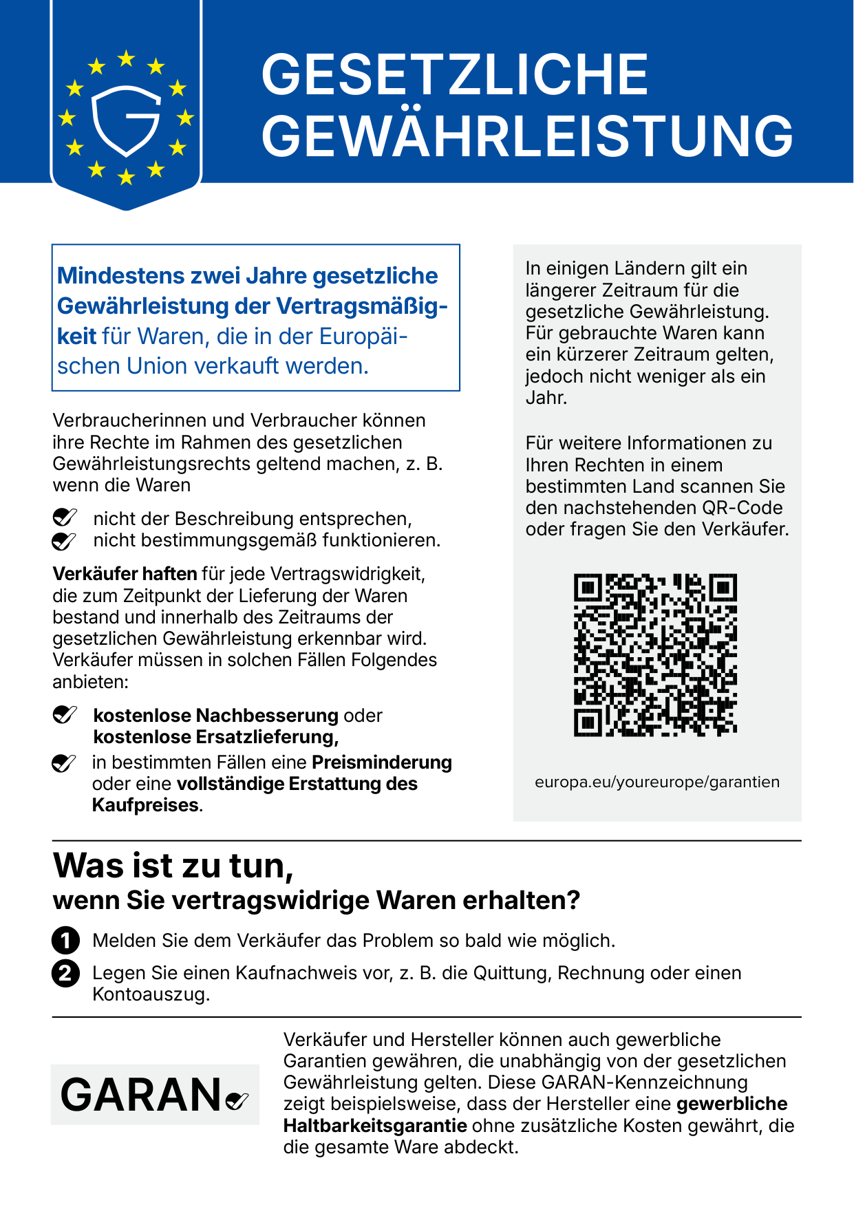 Offizieller EU-Hinweis: Mindestens zwei Jahre gesetzliche Gewährleistung der Vertragsmäßigkeit für Waren, die in der Europäischen Union verkauft werden.